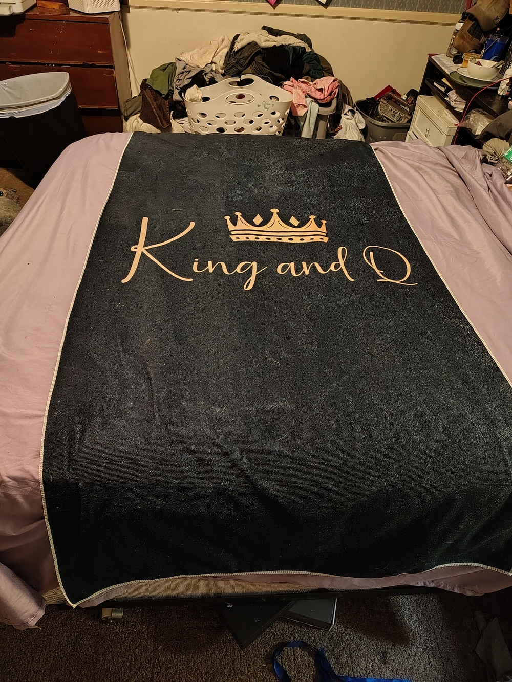 SHEIN Navy Blanket with Gold 'King and Q' Script For Sale!
